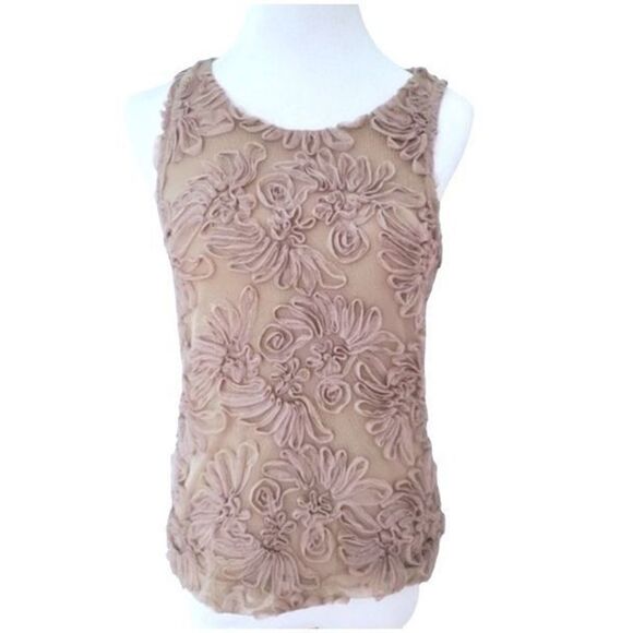 Banana Republic Textured Ruffle Floral Tank Top Tan Small - Picture 1 of 6